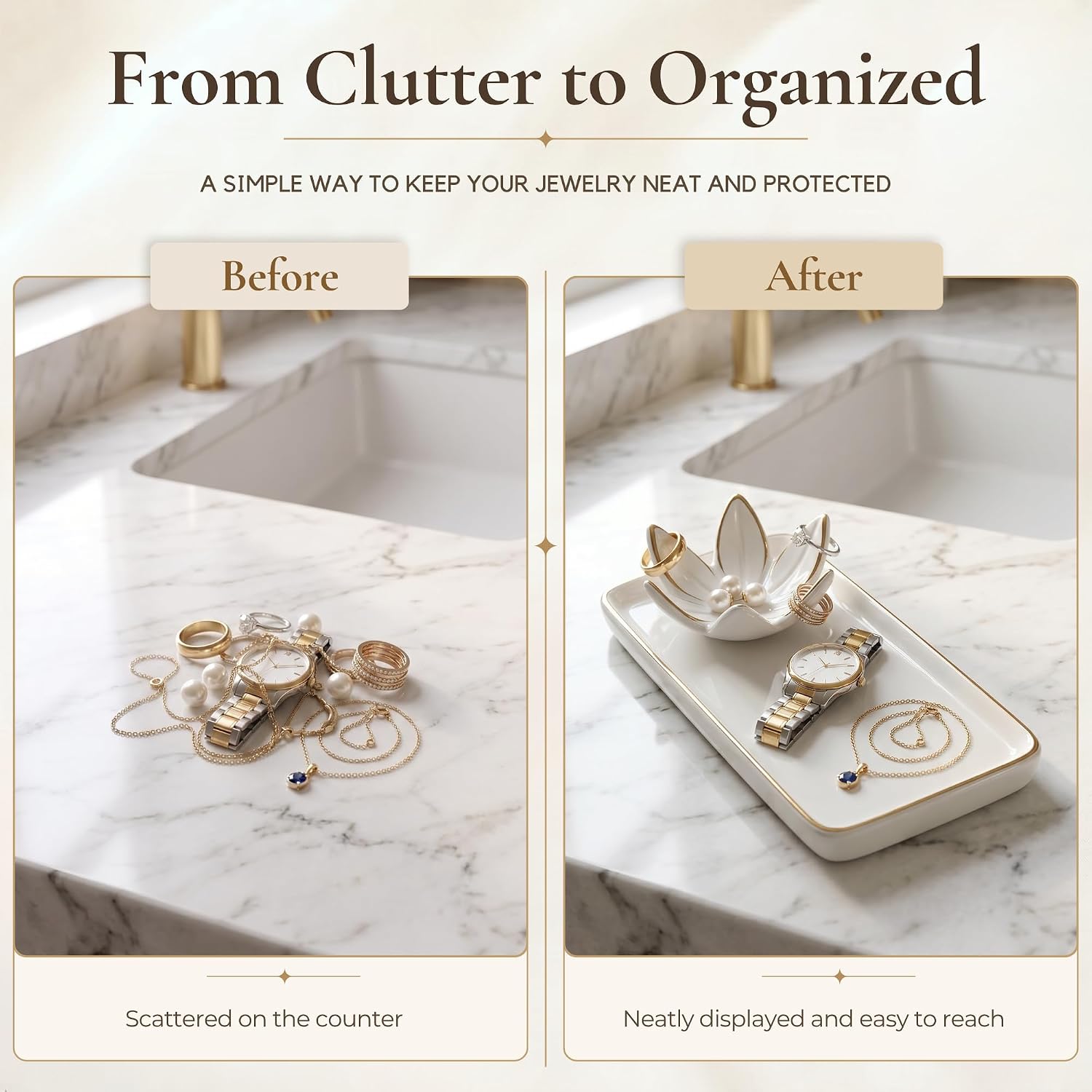 Mystic Touch Ceramic Jewelry Dish with Flower Ring Holder [Golden Trim]
