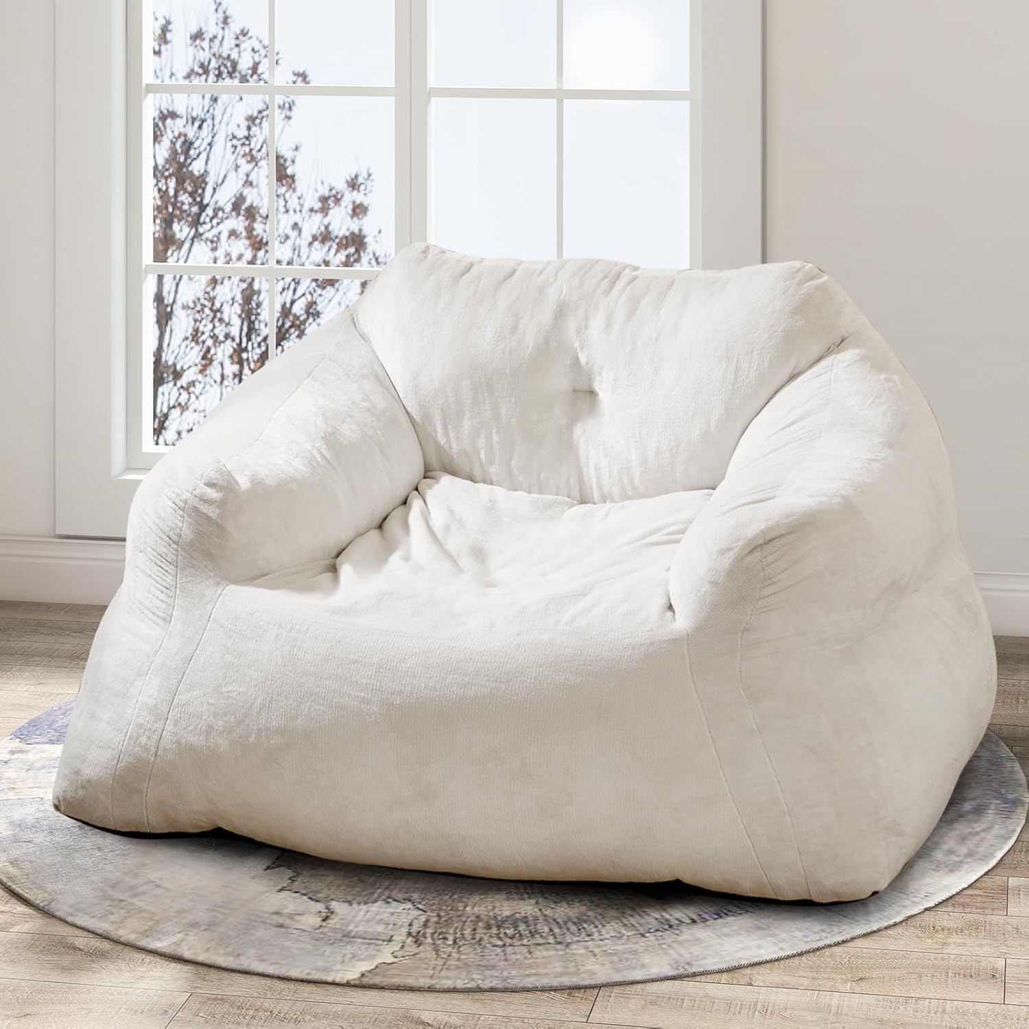 GOFLAME Bean Bag Chair for Adults, Giant Beanbag Chair with Soft Velvet Cover, Sponge Filling & Non-Slip Base, Lazy Floor Sofa for Living Room, Bedroom, Reading Room, Beige