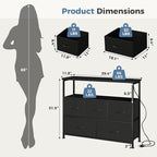 DUMOS TV Stand, Dresser with 5 Fabric Storage Drawers, Media Console Featuring Open Shelf, Fabric Storage Cabinet with Charging Station, Compact Entertainment Unit for Bedroom, Living Room, Black