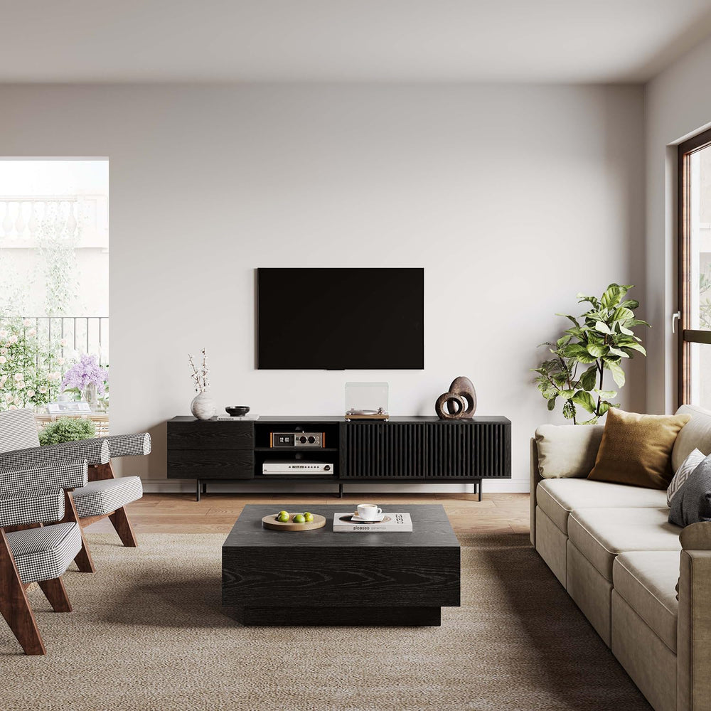 POVISON Mid Century Modern TV Stand, 94.49" Black Solid Wood Media Conso...
