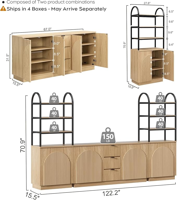 Yechen 122" Modular Entertainment Center with Bookshelves for up to 65", Mid-Century Modern TV Stand with Storage and Drawers, TV Cabinet with Adjustable Shelves, Living Room, Natural Oak (3 PCS)
