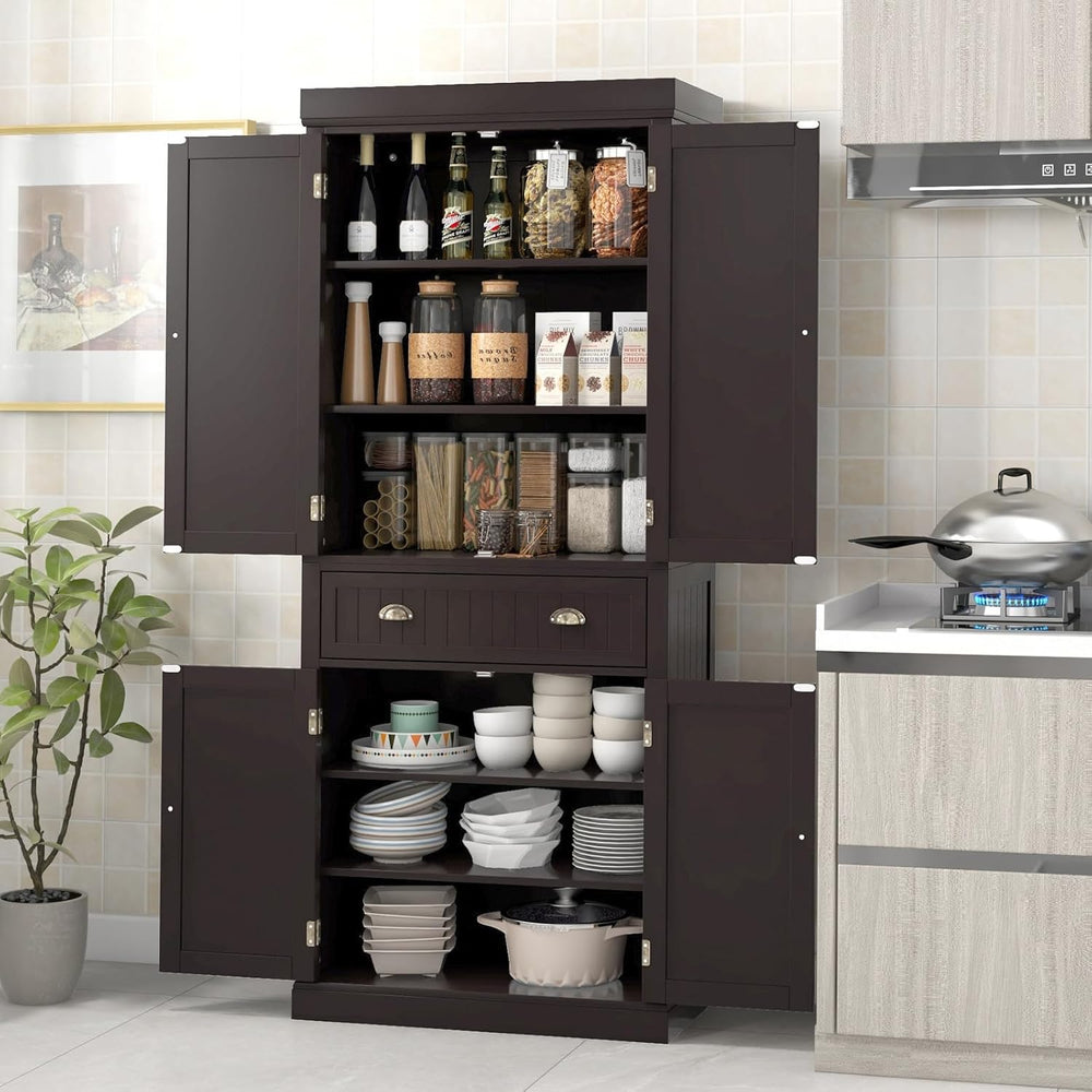 DORTALA 72” Tall Kitchen Pantry Cabinet, Wood Storage Cupboard w/ 4 Adjustabl...