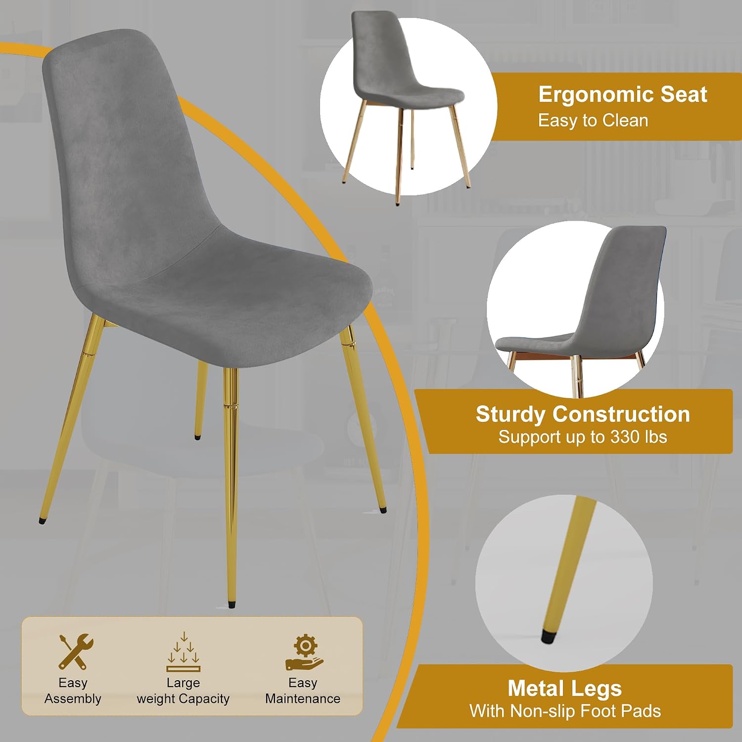 5-Piece Glass Dining Table Set, Modern Square Gold Dining Room Set with Tempered Glass Kitchen Table and 4 Gray Upholstered Chair for Apartment, Living Room