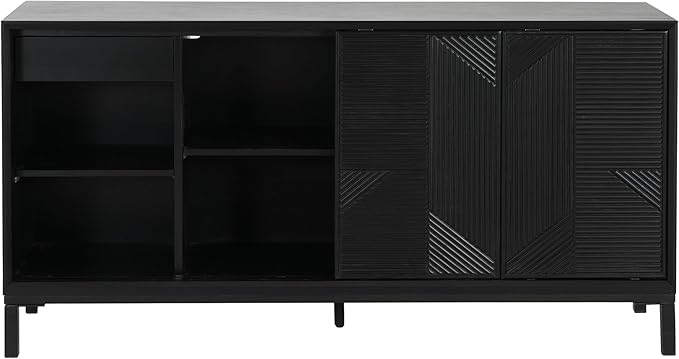 Merax Modern Geometric Accent Cabinet, Vertical Striped Design Sideboard Buffet with Two Drawers, Sliding Doors, Wood Veneer Top, Minimalist Storage Cabinet for Study, Entryway and Living Room, Black