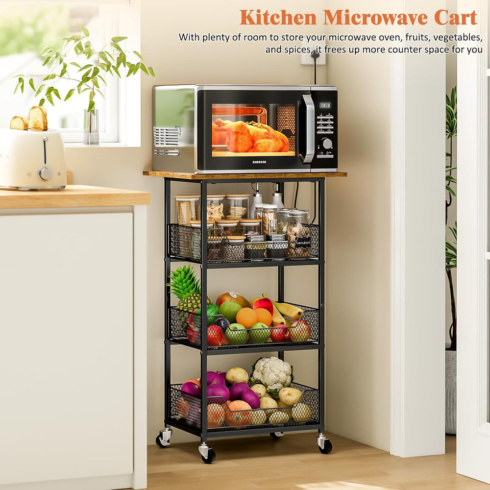 ThreeHio Rolling Kitchen Microwave Cart with Fruit Baskets, 4 Tier Microwave ...