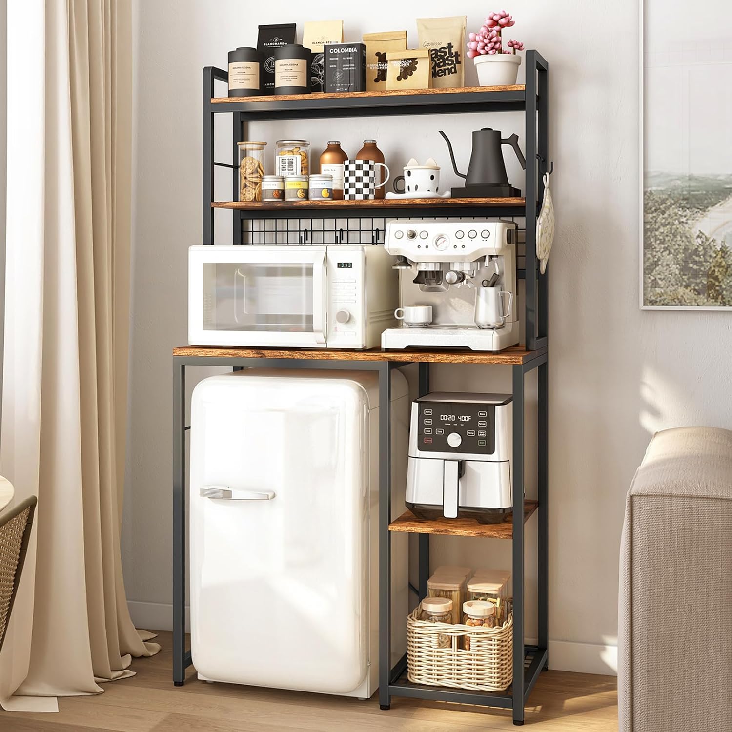 Multi-Functional Mini Fridge Stand, Mini Fridge and Microwave Storage Shelves with Power Outlet, Large Bakers Rack and Storage for Kitchen Appliances, Perfect for Dorm Kitchen Coffee Bar