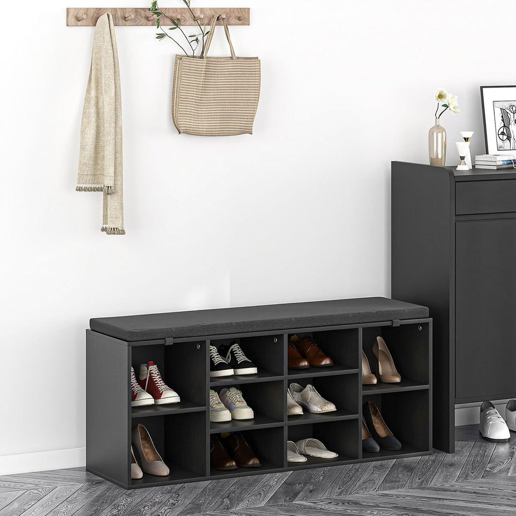 NUNU LAB Shoe Storage Bench, Shoe Bench with Removable Cushion 10 Cubbies, Space Saving Shoe Rack, 41 x 12 x 16.75 Inches, Black