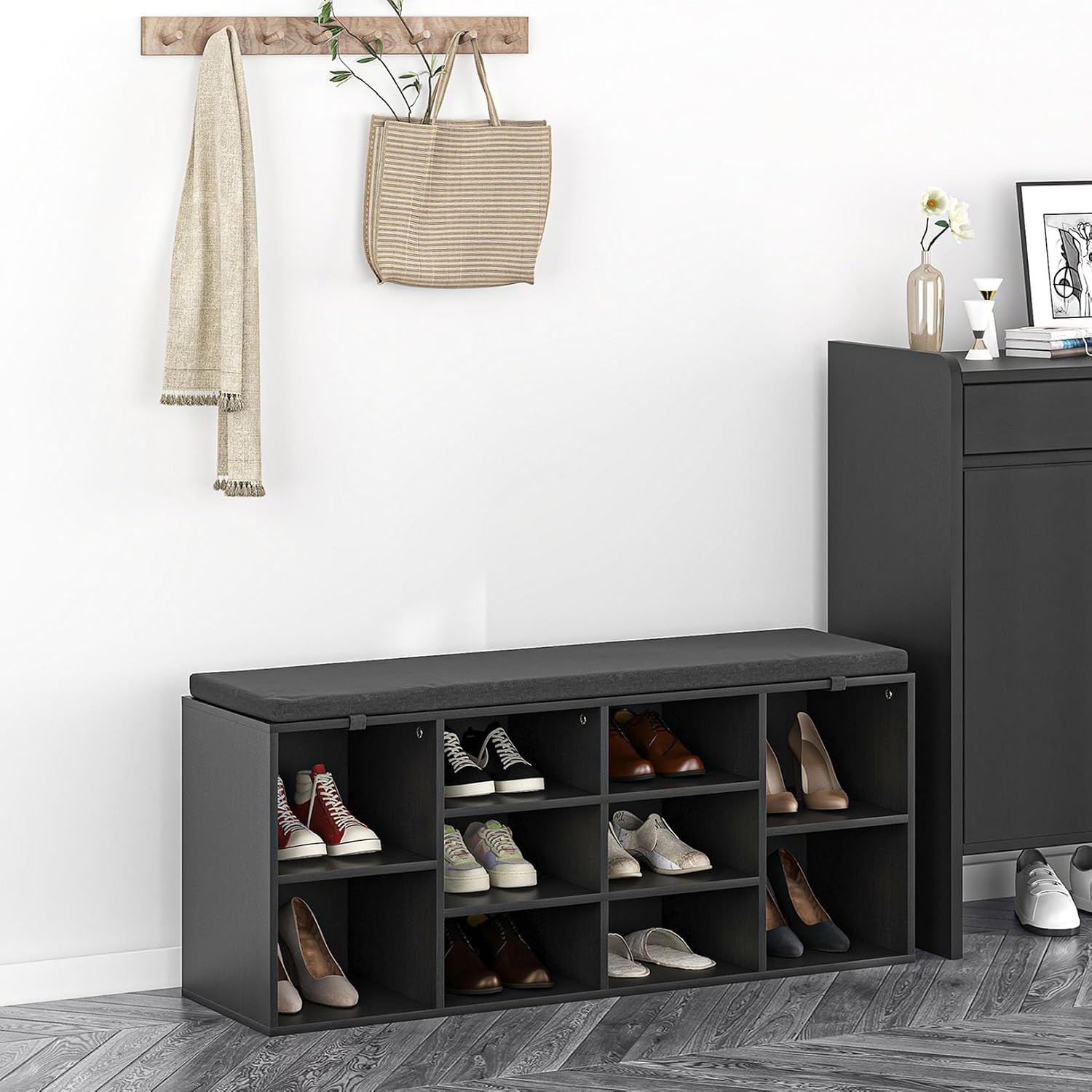 NUNU LAB Shoe Storage Bench, Shoe Bench with Removable Cushion 10 Cubbies, Space Saving Shoe Rack, 41 x 12 x 16.75 Inches, Black