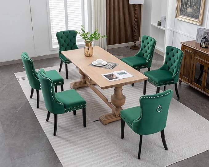 KCC Velvet Dining Chairs Set of 4, Upholstered High-end Tufted Dining Room Chair with Nailhead Back Ring Pull Trim Solid Wood Legs, Nikki Collection Modern Style for Kitchen, Green