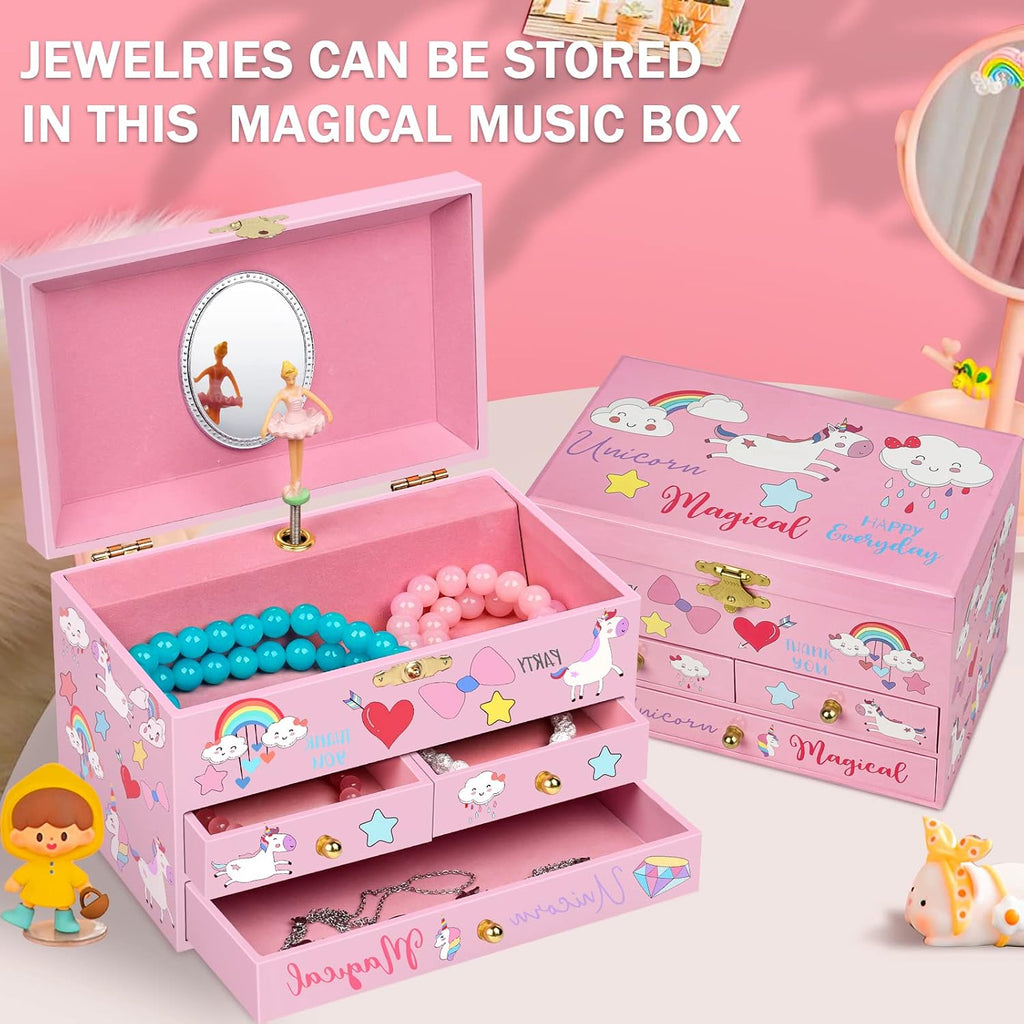 Musical Jewelry Box for Girls 7.5x4.8x4.5 inch with Spinning Ballerina Unicorn, 3 Pullout Drawers, Unicorn Jewelry Set Included Kids Music Box for Christmas Gift, Waltz of Flowers Tune