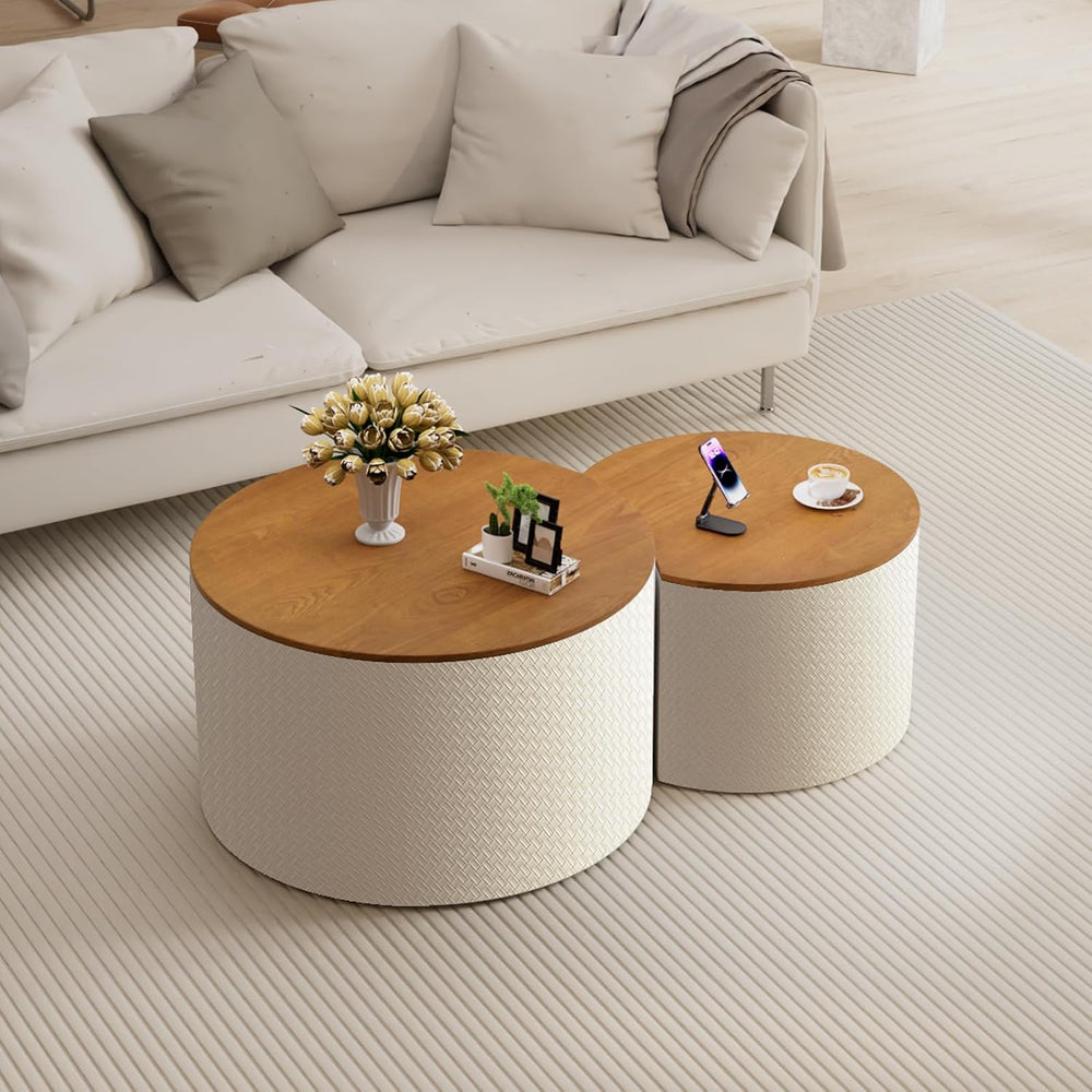 Round Nesting Coffee Table Set of 2 with Storage for Living Room (White) | Mo...