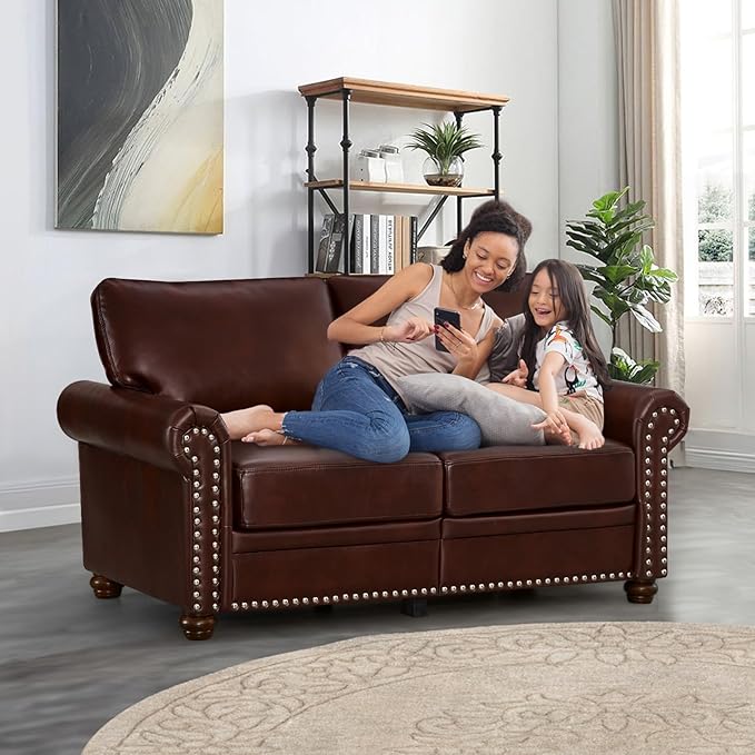 Faux Leather Loveseat Sofa, 59" W Mid Century Modern Couch with Storage, Comfy 2 Seater Sofa with Nailhead Trim & Rolled Armrests, Deep Seat Small Couch for Living Room, Apartment, Office (Burgundy)