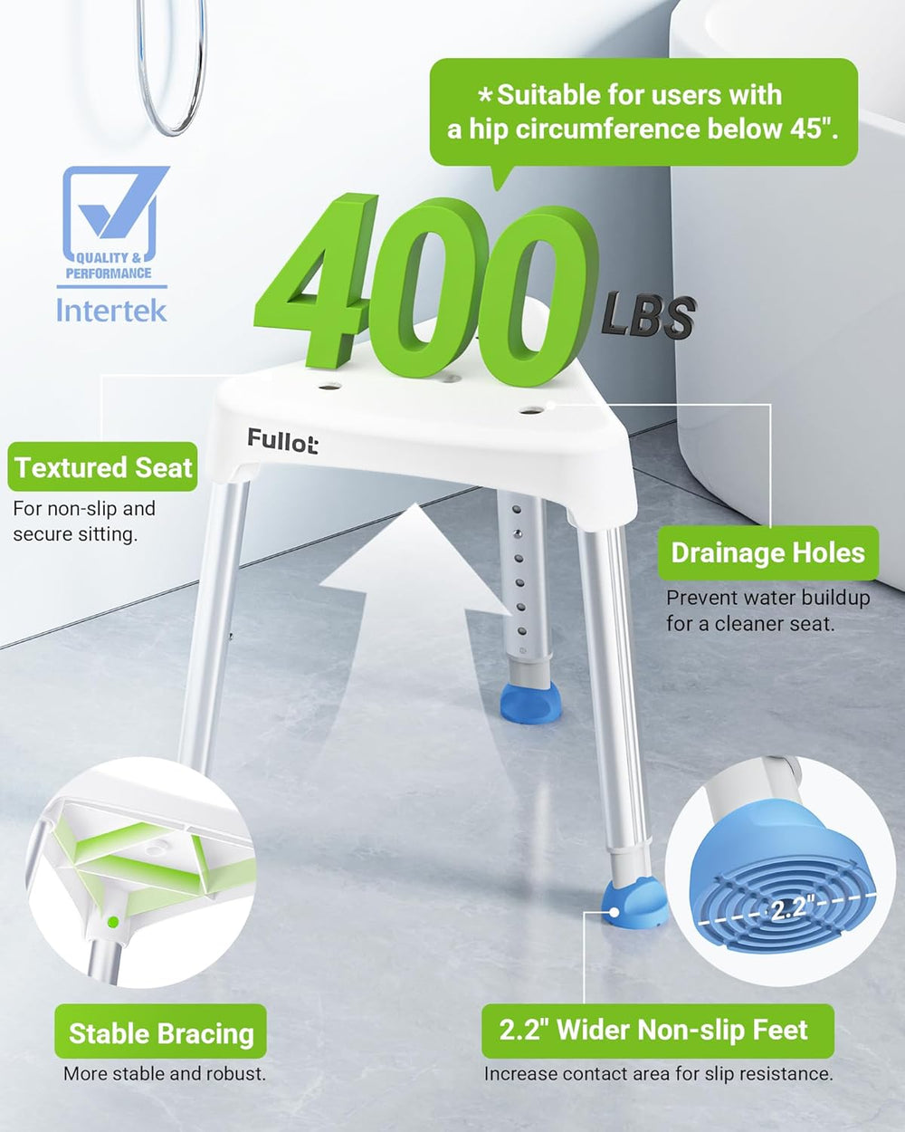 Space-Saving Triangular Shower Chair for Inside Shower, 400 lbs