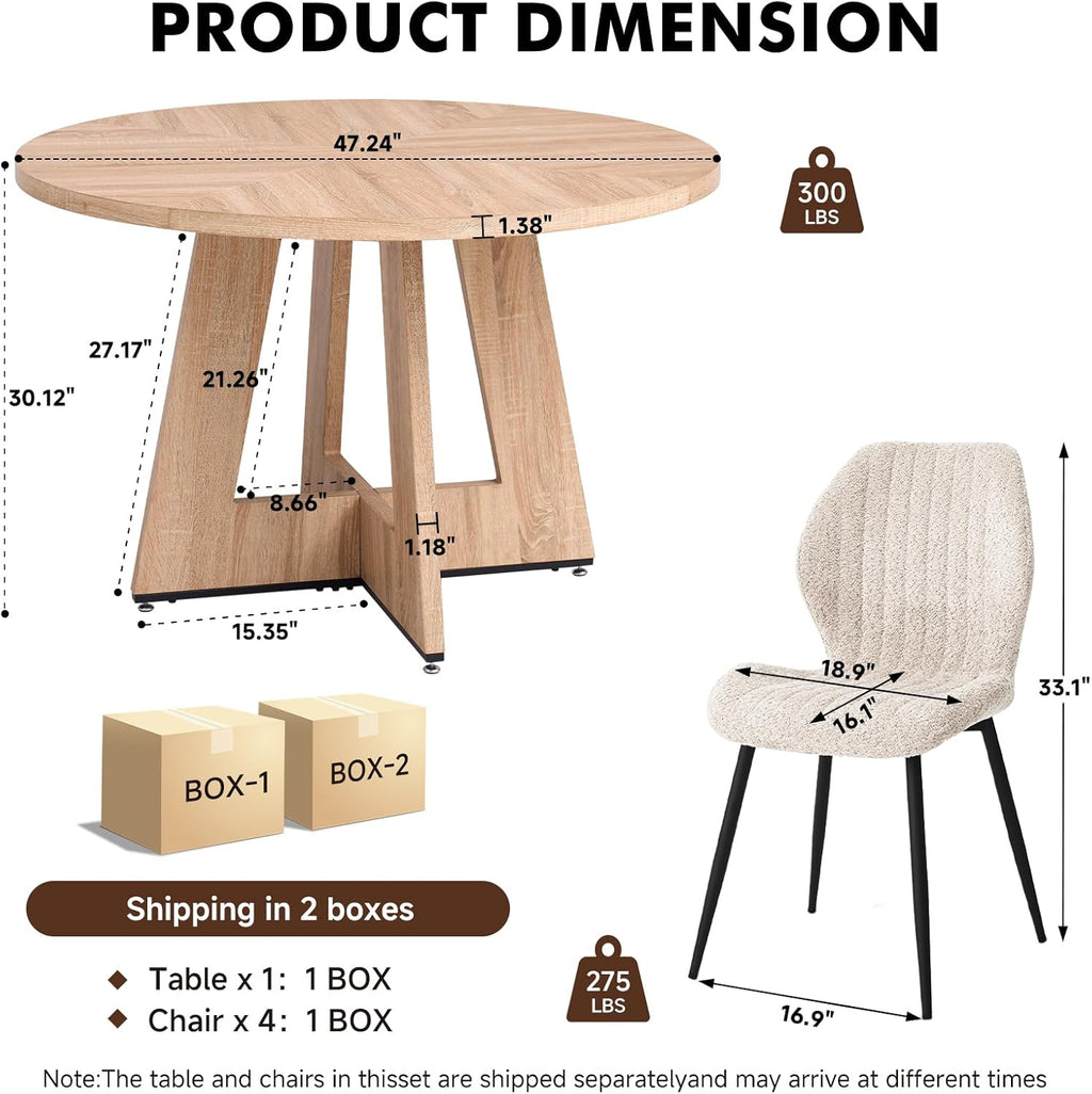 47" Round Dining Table Set for 4, Kitchen Table and Chairs | Wooden Cross Base, Boucle Fabric Chair, for Apartment