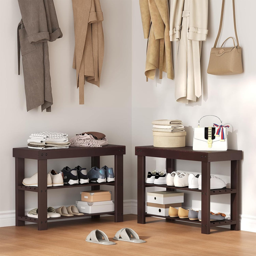 NEWBULIG Shoe Rack Bench, 3-Tier Bamboo Shoe Organizer, Wooden Entryway Stora...