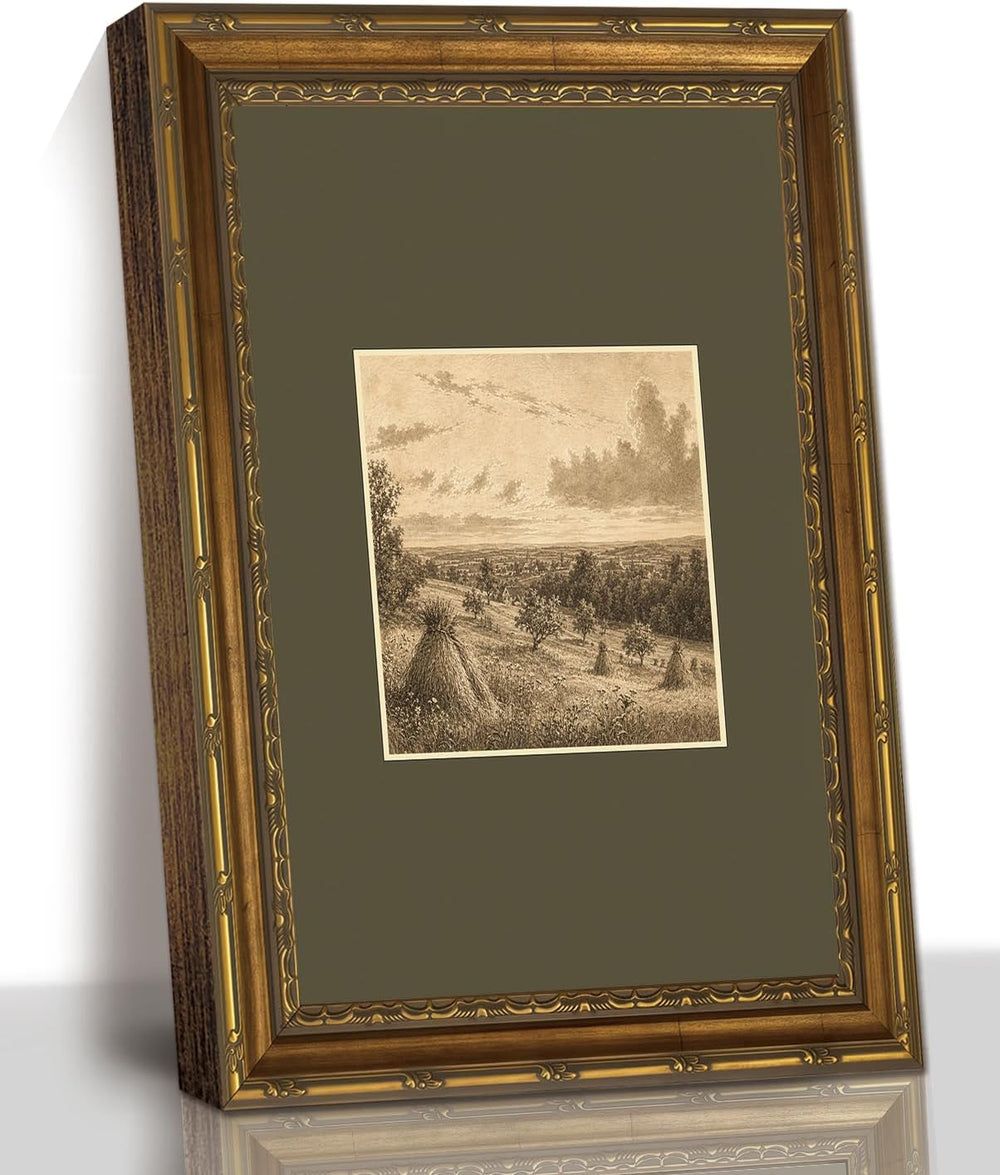 Haystacks in Countryside Wall Art, Vintage Sepia Framed Canvas,12 x 16 In