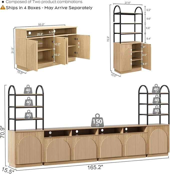 Yechen 165" Modular Entertainment Center with Bookshelves for up to 98", Mid Century Modern TV Stand with Storage, TV Cabinet with Open Shelves and Adjustable Shelves, Living Room, Natutral Oak(4 PCS)