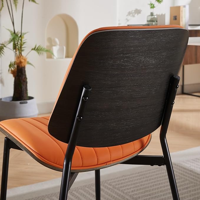 Dining Chairs Set of 8, Mid Century Modern Accent Dining Room and Kitchen Chairs, Upholstered PU Leather Vertical Stripe Chairs for Vanity with Walnut Bentwood and Metal Legs, Orange