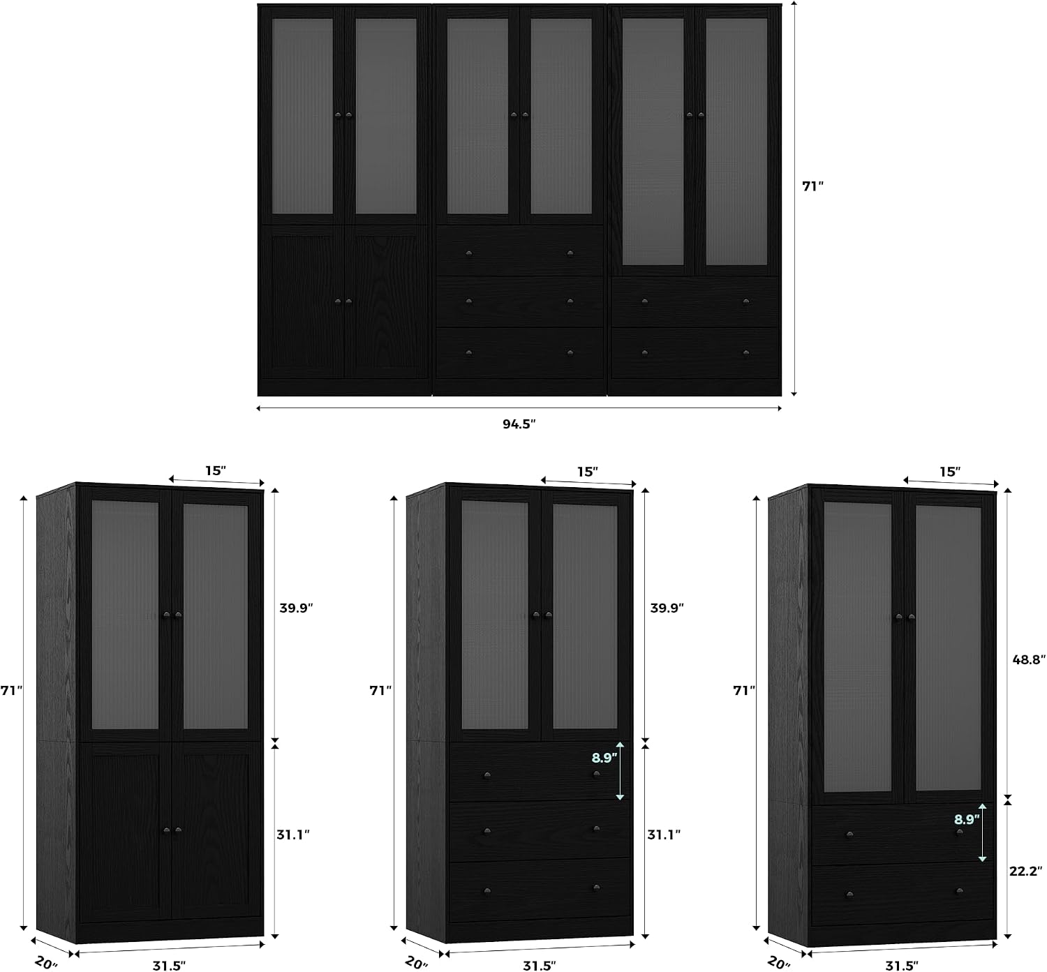 VOWNER 20“D Armoire Wardrobe Closet with Fluted Glass, 71" H Clothing Storage Cabinet with Hanging Rod, 4 Soft-Close Doors Wooden Wardrobe Cabinet for Bedroom, Large Capacity Storage Black(CCA)