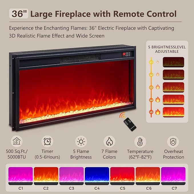 Modern Fireplace TV Stand with 36" LED Electric Fireplace for 80 inch TVs, 32" Tall Entertainment Center w/Drawers &Adjustable Shelves, Wood Media Console w/Curved Profile Design for Living Room,Brown