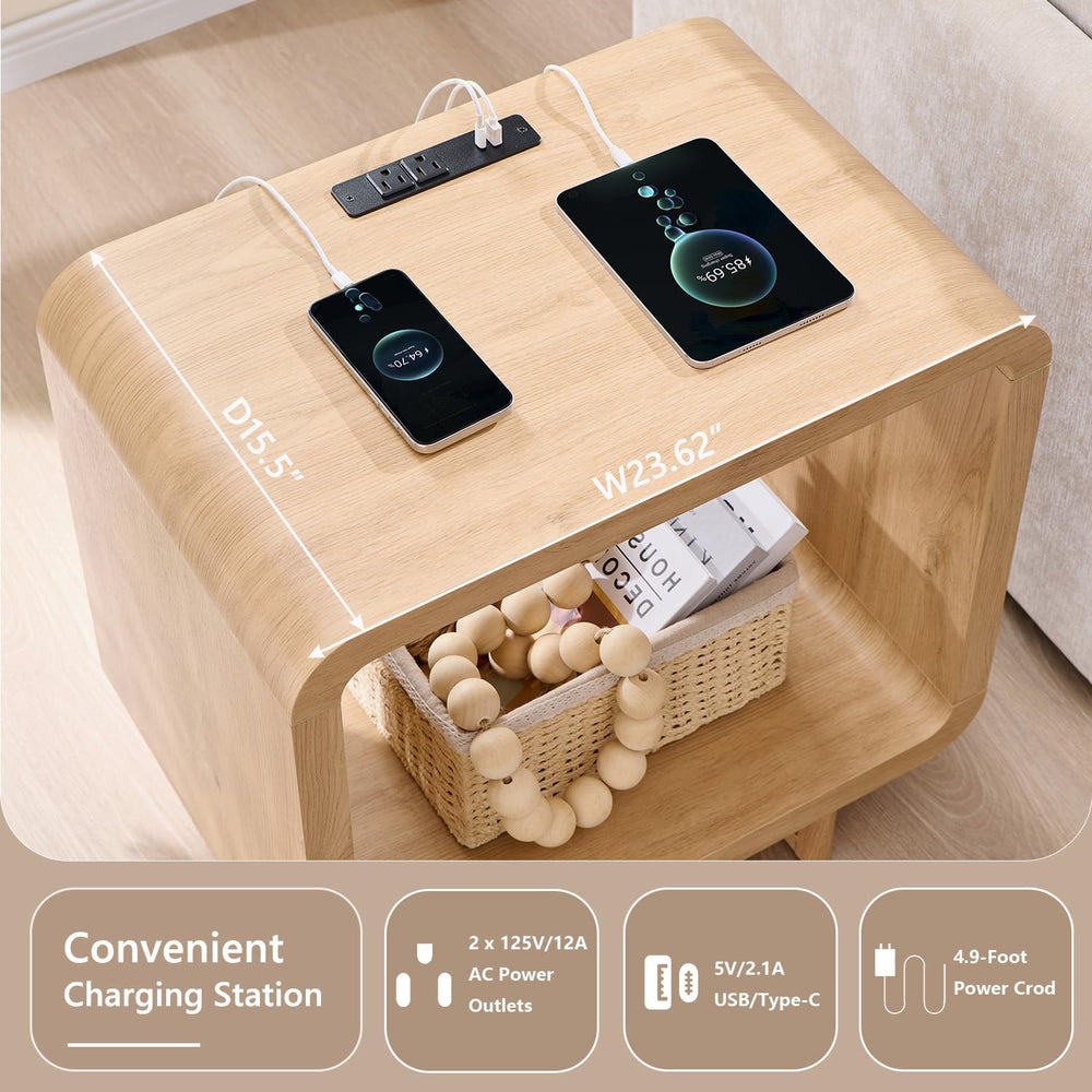 IFGET 23.6" Modern End Table, 2 Tier Side Table with Charging Station, S...