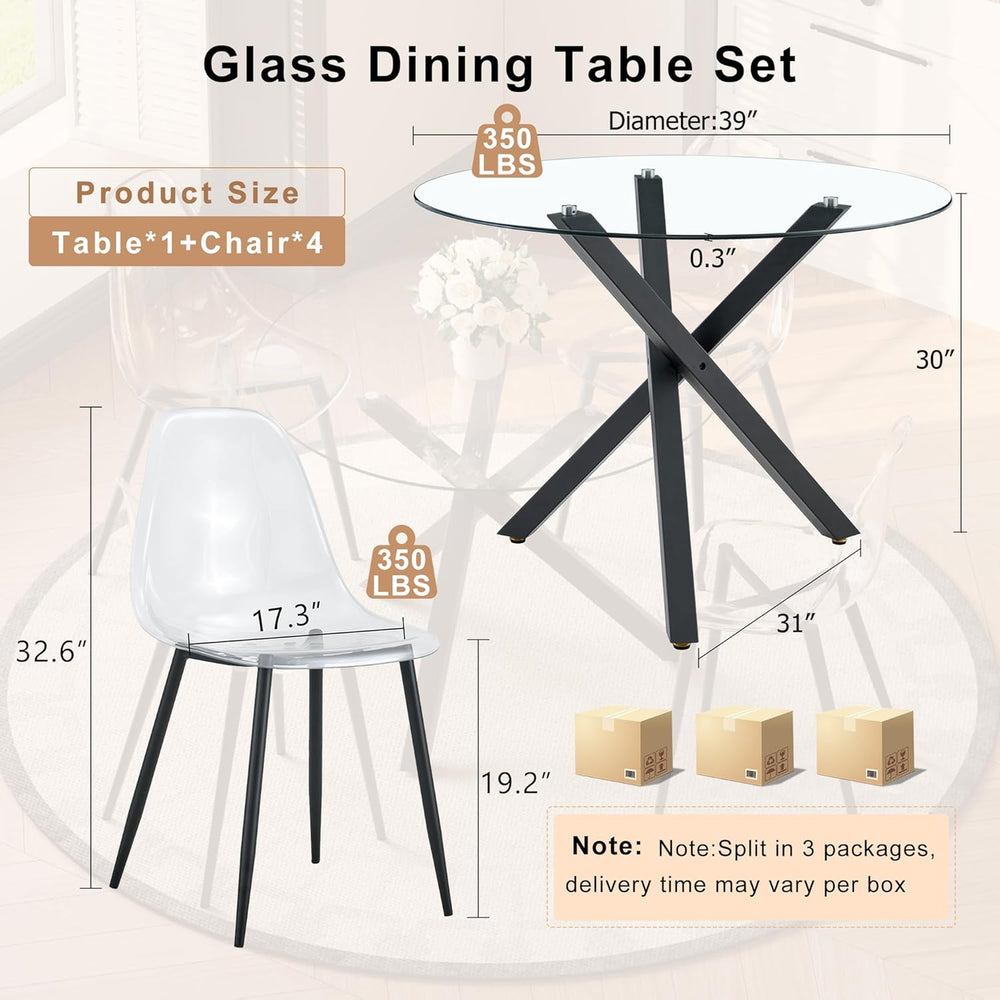 Round Dining Table Set for 4, 39" Glass Dining Table Set with Black Adju...