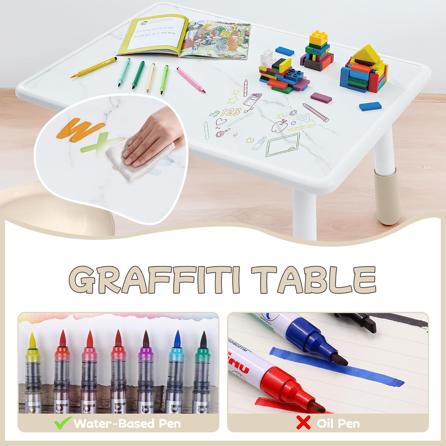 GITAWUSA Toddler Table and Chair Set for Ages 3-8, Adjustable Kids Table and Chairs for Reading,Drawing, Eating, Children Activity Table with Graffiti Tabletop for Daycare/Classroom/Home/Preschool