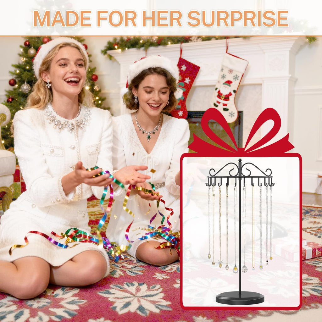 iDavosic.ly Rotating Necklace Holder Organizer with 24 Hooks, Adjustable Metal Bracelet Display Stand Rack, Extra Tall Keychain Spinning Tree Tower for Women, Black