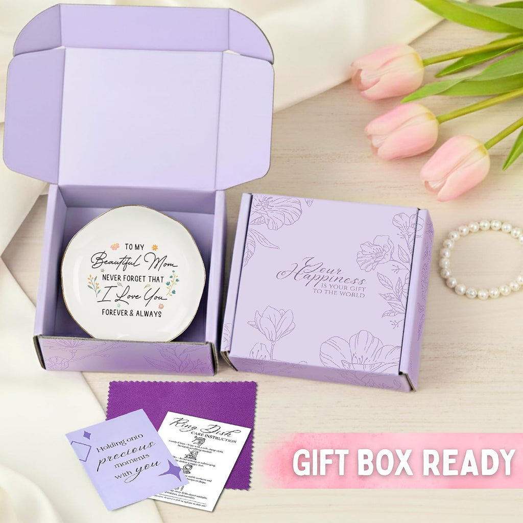 Beautiful Mom Forever Always Ceramic Ring Dish | Mother's Day • Mom • Floral Keepsake • Jewelry Organizer • Elegant Bedroom Decor