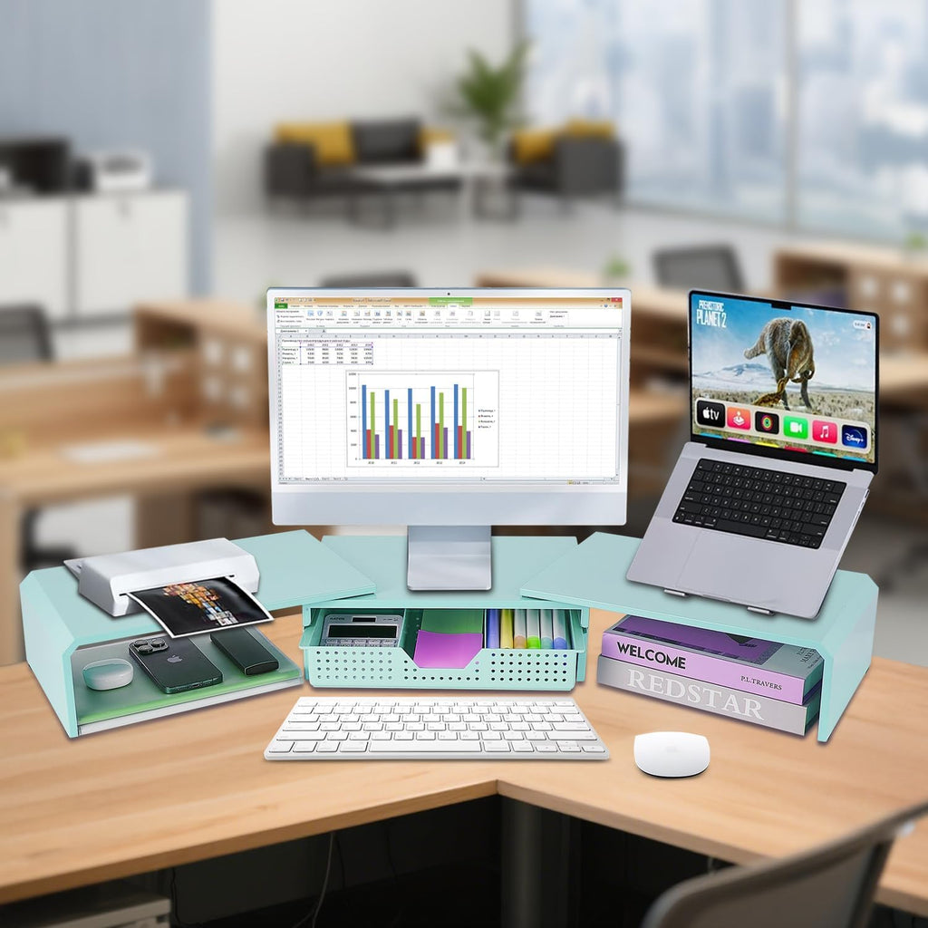 Dual Monitor Stand Riser with Drawer, Desk Organizer and Accessories, Metal Laptop Stand for Desk, Workspace Desktop Stand for Computer, Laptop, TV and More (Sky Blue)