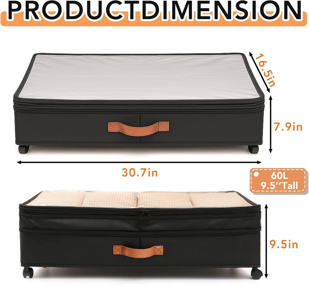 AVOKIHI Under Bed Storage Containers with Wheels, 60L Large Underbed Organizer Box for Clothes, Blankets & Shoes, 9.5 Inch Adjustable Height Under the Bed Storage Bin with Clear Top