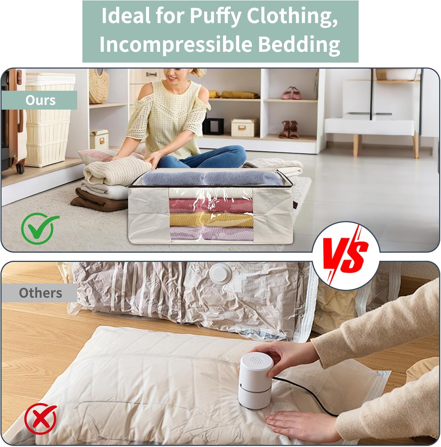 3-Pack 25.5x17.7x9 Inch Clear Window Storage Bags - Foldable Canvas Organizers for Clothes, Blankets & Pillows with Triple-Zip & Carry Handles - Beige Closet/RV Storage Solution