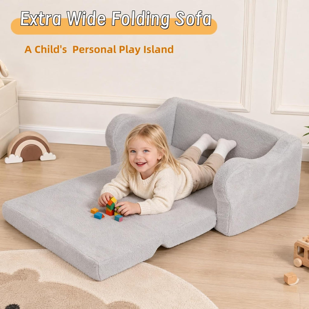 Extra Wide Toddler Couch, Foldable Kids Sofa to Lounger, Grey | Toddler Chair Fold Out, Reading & Playing, Living Room Playroom, Boys & Girls, Lightweight, Removable Washable Cover