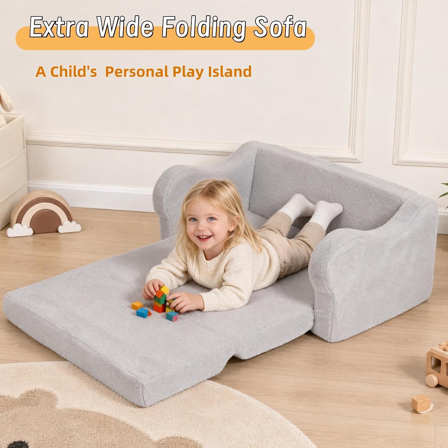 Extra Wide Toddler Couch, Foldable Kids Sofa to Lounger, Grey | Toddler Chair Fold Out, Reading & Playing, Living Room Playroom, Boys & Girls, Lightweight, Removable Washable Cover