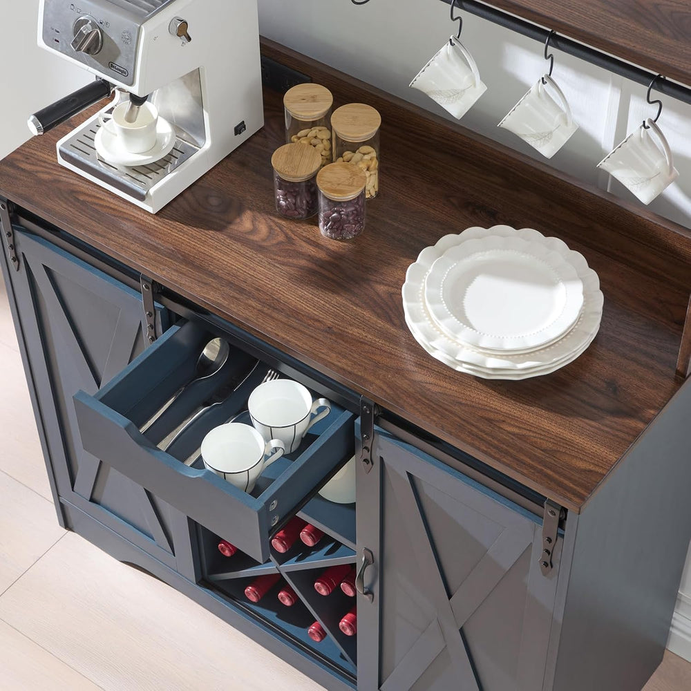 Wnutrees Farmhouse Coffee Bar Cabinet with Charging Station and USB Ports,Sli...