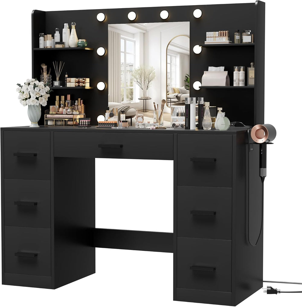 Furmax Vanity Desk with LED Mirror,Power Outlet,7 Drawers Makeup Table | LED ...
