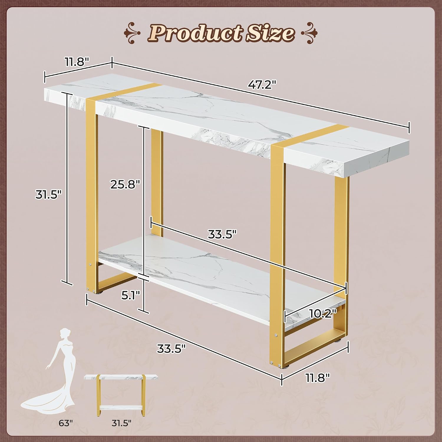 Huuger 47.2 Inch Entryway Table with Marble Top, 2-Tier Modern Console Sofa Table with Storage, Accent Table, for Entry, Hallway, Entrance, Foyer, T-Shaped Metal Frame, White Marble & Gold