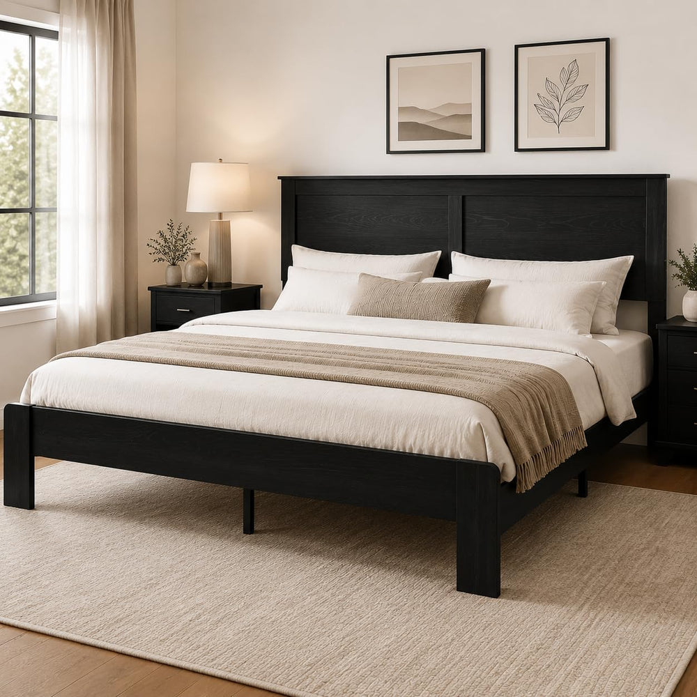 King Size Bed Frame Wood Platform Bed with Headboard, No Box Spring, Black