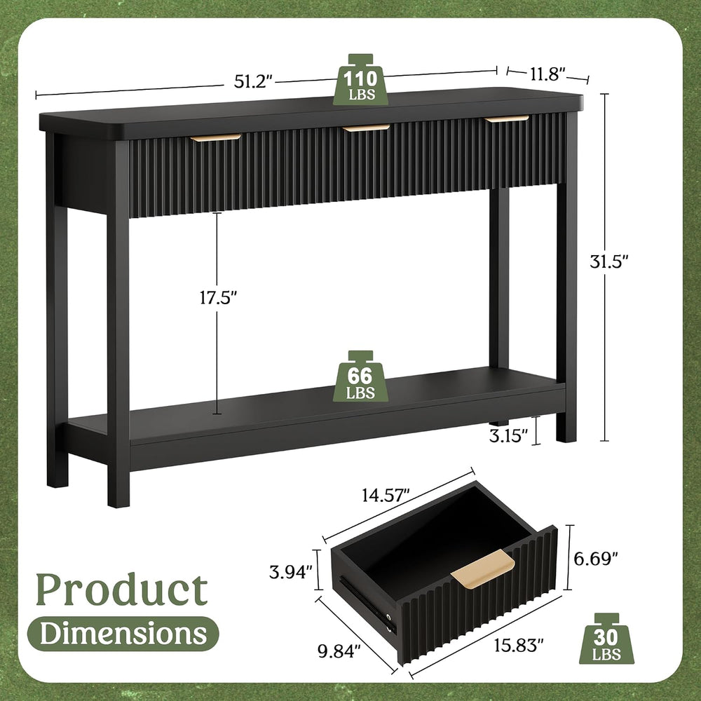 Lulive Fluted Console Table, 51 Inch Entryway Table with 3 Drawers | Scandi f...