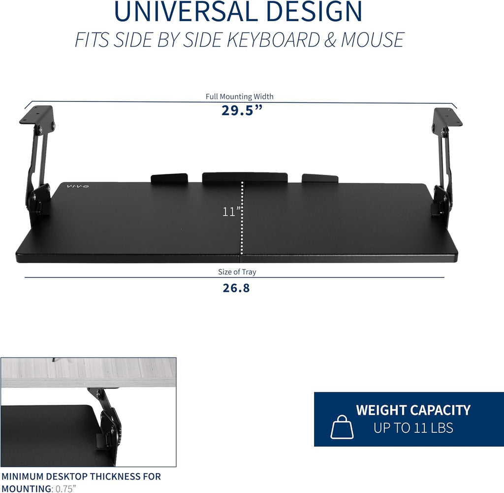 VIVO Large Under Desk 27 x 11 inch Computer Keyboard and Mouse Tray with Swinging Height Adjustment, 12 Settings, Platform Drawer for Typing, Black, MOUNT-KB08S
