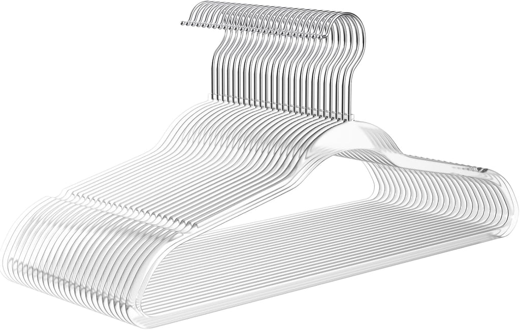 MIZGI 50 Pack Clear Plastic Hangers - Premium Thick Invisible Space Saving Hanger with 360° Swivel Hook, Ultra Slim Hangers for Suits, Dresses, Shirts, Coats & Pants