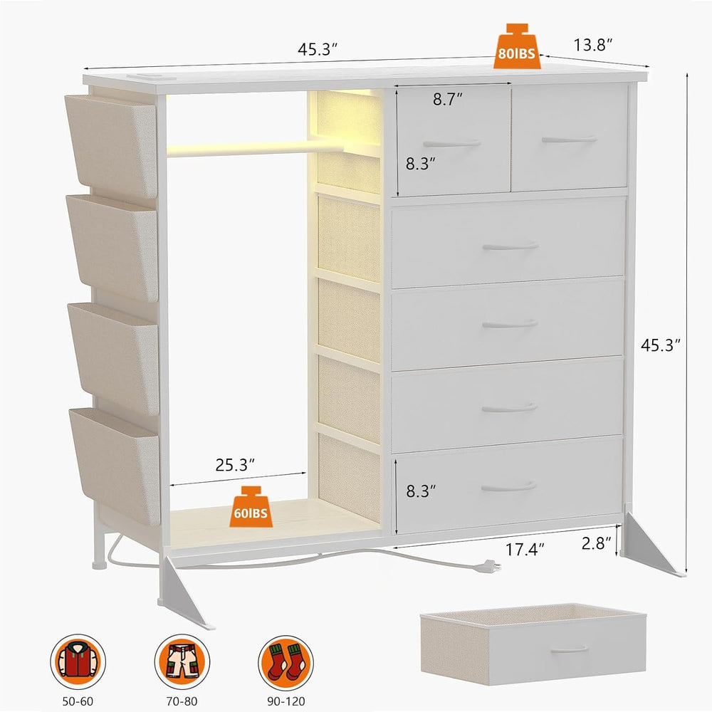 6 Drawer Dresser for Bedroom with Clothes Rack, Clothes Dresser with Side Poc...