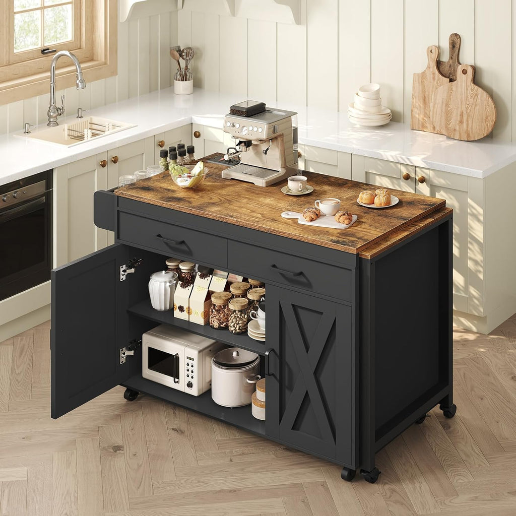 YATINEY Extendable Kitchen Island, Large Mobile Kitchen Storage Island, Rolling Kitchen Cart with Outlets, Island Table for Kitchen, Rustic Brown ZD03UBR