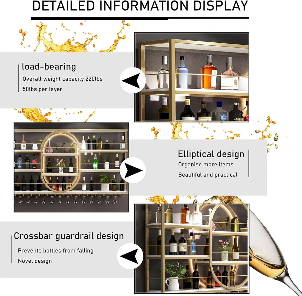 Large Wall Mount Wine Rack, Metal 4 Tier Large Capacity Hanging Bar Rack with Wine Glass Holder, Oval Wine Bottle Storage Display Rack for Kitchen, Living Room, Home (Gold, 120cm/47.2in)