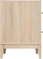 Sango Shagreen 2-Drawer Nightstand, Modern Natural Wood Bedside Table with Gray Faux Shagreen Drawer Fronts, Brass Handles, Sturdy Legs, Elegant Storage for Contemporary & Luxury Homes