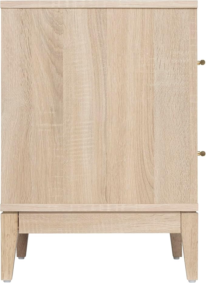 Sango Shagreen 2-Drawer Nightstand, Modern Natural Wood Bedside Table with Gray Faux Shagreen Drawer Fronts, Brass Handles, Sturdy Legs, Elegant Storage for Contemporary & Luxury Homes