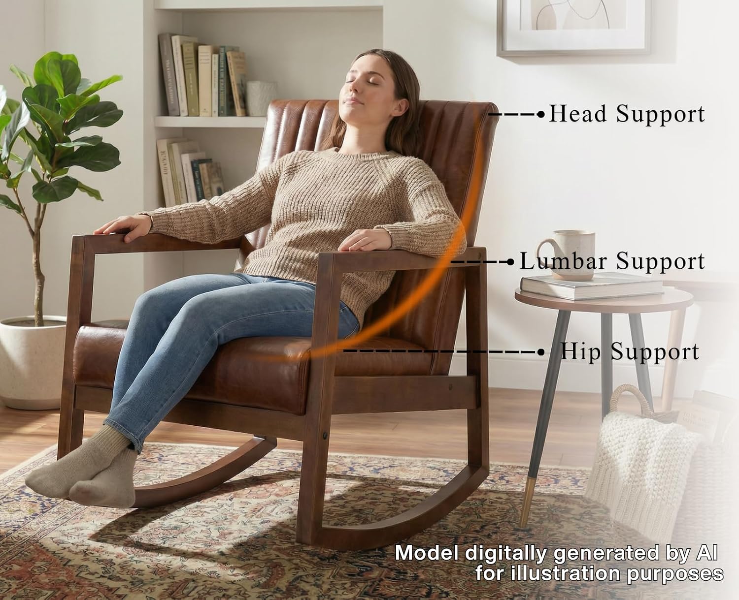 Leather Modern Rocking Chair Mid Century Armchair Upholstered Arm Chair with Padded Seat/Wood Frame, Comfy Rocker for Living Room/Bedroom, Retro Dark Brown PU