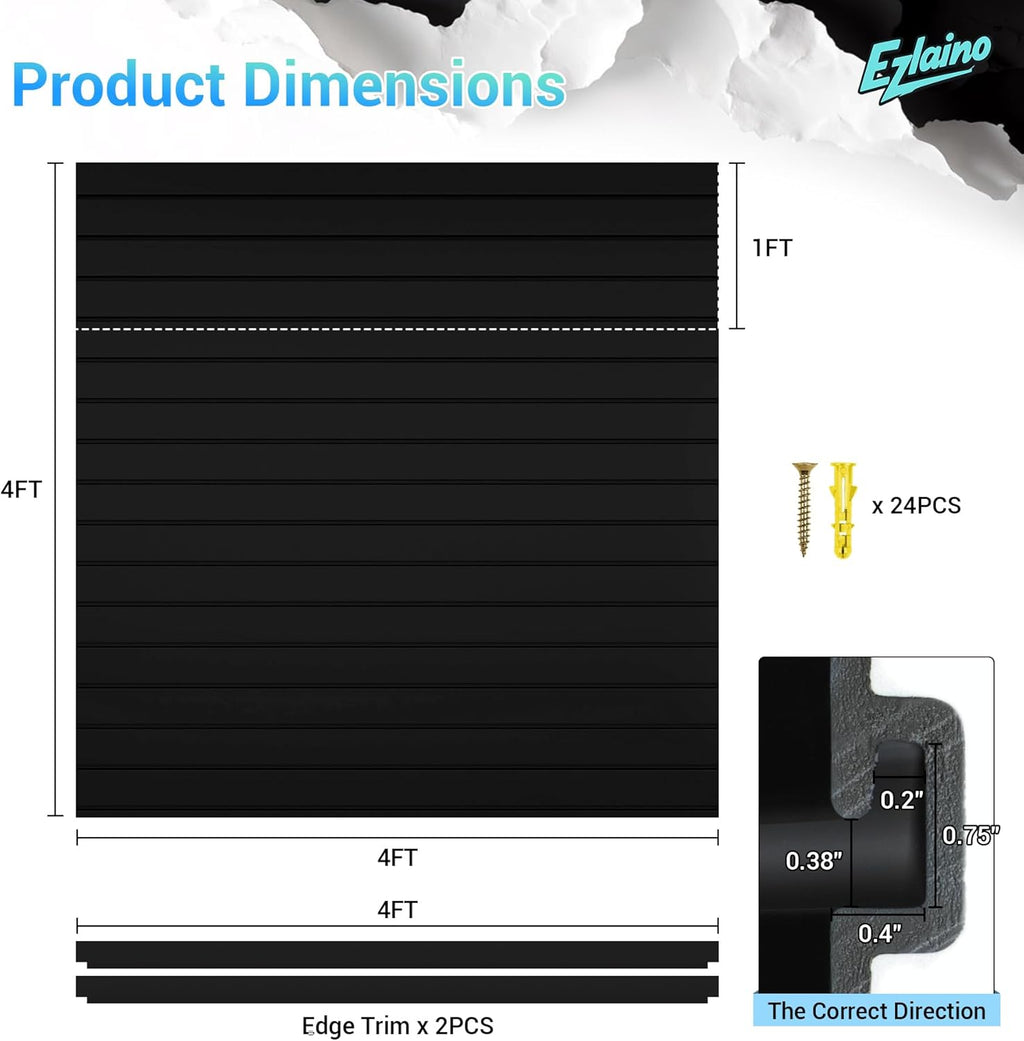 Ezlaino Slat Wall 4FT x 4FT, Versatile PVC Slatwall Paneling w/Long-Lasting Durability, Easy to Clean, Fits Most Slatwall Accessories, Ideal Organizer for Garage, Home & Store Storage, Black