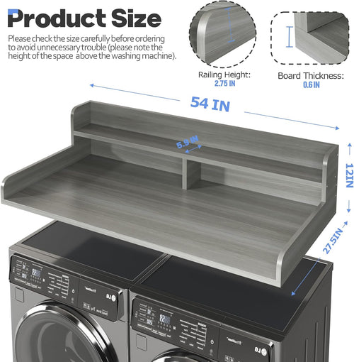 2-Tier Washer And Dryer Countertop With 2.75"H Guard,54"W x 27.5"D Laundry Countertop Cover With Non-Slip Pad,Large Space Laundry Topper For Folding Clothes Over Washer And Dryer-Stripe Gray