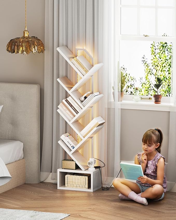 Casaottima White Tree Bookshelf with LED Light Strip — 6-Tier Small Floor Sta...